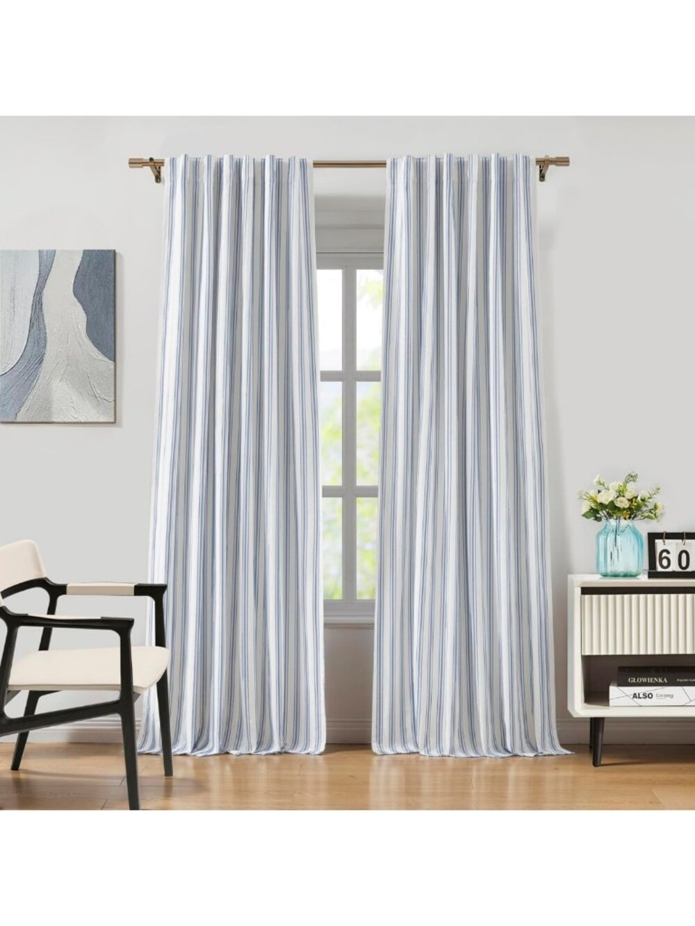 Blue Striped Blackout Curtains 84" Length, Back Tab Rod Pocket, Room Darkening
